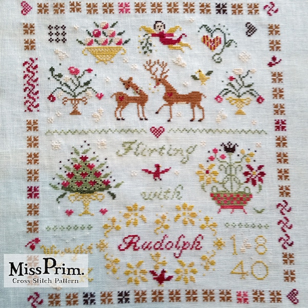 Christmas Cross Stitch Sampler Pattern - Beginner X Stitch Pattern PDF - Rudolph Reindeer - Christmas Farmhouse - Miss Prim MP46