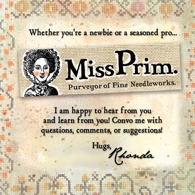 K&ouml;nnte beinhalten: Eine Illustration im Vintage-Stil einer Frau mit einem H&auml;ubchen und einem 'Miss Prim'-Logo mit dem Text 'Purveyor of Fine Needleworks'. Der Text darunter lautet 'Ich freue mich, von Ihnen zu h&ouml;ren und von Ihnen zu lernen! Sprechen Sie mich mit Fragen, Kommentaren oder Vorschl&auml;gen an! Liebe Gr&uuml;&szlig;e, Rhonda'.