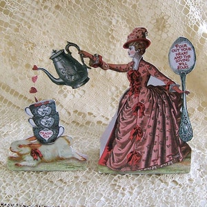 Druckbare Valentinstag Karte oder Dekoration - INSTANT Download - 3D Vintage Style Magic Tea Lady Papierpuppe mit Hase Teetasse Teekanne CS16V