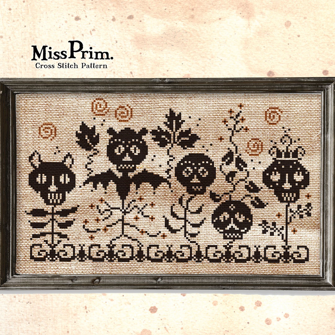 Skull PDF Halloween Cross Stitch Pattern - Bat, Black Cat Spooky Cross ...