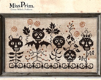 Skull PDF Halloween Cross Stitch Pattern - Black Cat Spooky Cross Stitch - Bat Easy Crossstitch Charts - Fall Cross Stitch - Miss Prim MP18