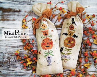 Halloween Cross Stitch Pattern - "Pumpkin Love Treat Bags" - Digital X-Stitch - Primitive Raven, X-stitch PDF Chart - Miss Prim MP43