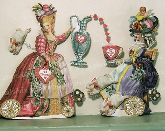 INSTANT Download  Valentine Paper Doll Decoration - DIY 3D Valentine Card - Marie Antoinette French Style Magic Tea Reader And Rabbit, MA14V