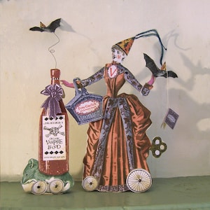 Steampunk Halloween Decoration - 3D Digital INSTANT Download Victorian Bat Vampire Lady Paper Doll - With Mouse Garlic Blood Bottle HP15H