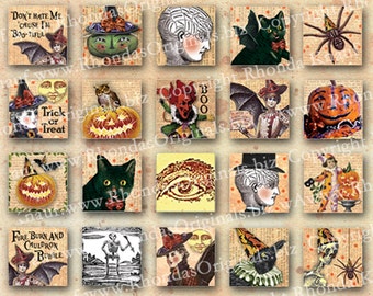 Digital Halloween 1 Inch Square Inchies Images For Jewelry Making INSTANT Download Witch Pumpkin Spider Cat Owl Moon Bat Crow Skulls CS35H