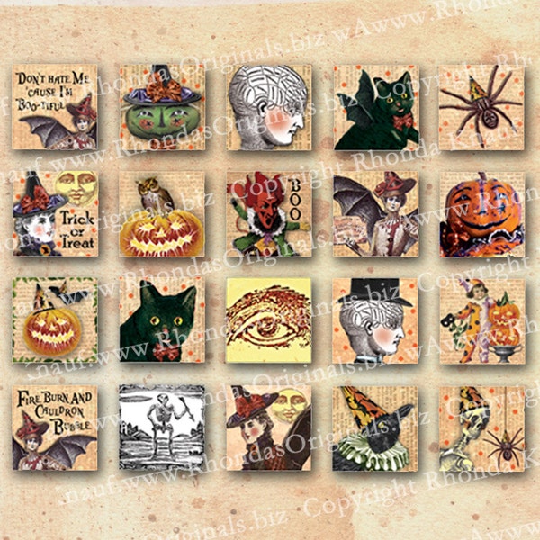 Digital Halloween 1 Inch Square Inchies Images For Jewelry Making INSTANT Download Witch Pumpkin Spider Cat Owl Moon Bat Crow Skulls CS35H