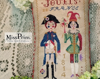 French Doll Cross Stitch Pattern, Soldier Boy & Jester Doll Pillow, Crossstitch Tutorial, Easy X-Stitch - "French Toys", Miss Prim MP55