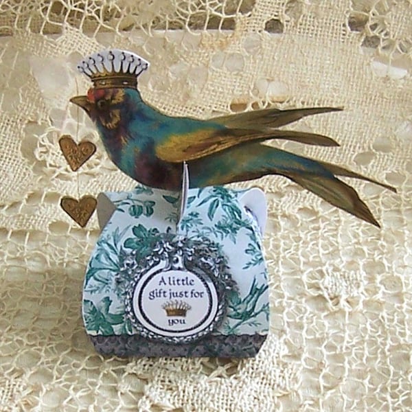 Wedding Favor  Box, Gift Tags Or Cupcake Topper - Altered Art Bluebird Crown Toile Hearts And Lace Embellishment CS14CS