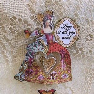 Marie Antoinette Love Paper Doll Hanging Valentine Decoration Or Cake Topper  - With Unique Spinning Heart Insert  CS7PD