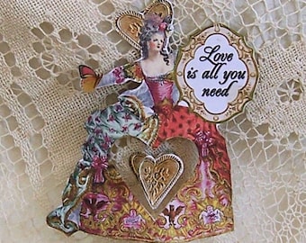 Marie Antoinette Love Paper Doll Hanging Valentine Decoration Or Cake Topper  - With Unique Spinning Heart Insert  CS7PD