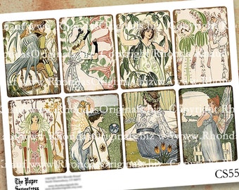 Digital Collage Sheet, ATC Tags - Aceo Fantasy Flower Lady Fairy Images - INSTANT Download - Victorian Art Nouveau Walter Crane CS500C