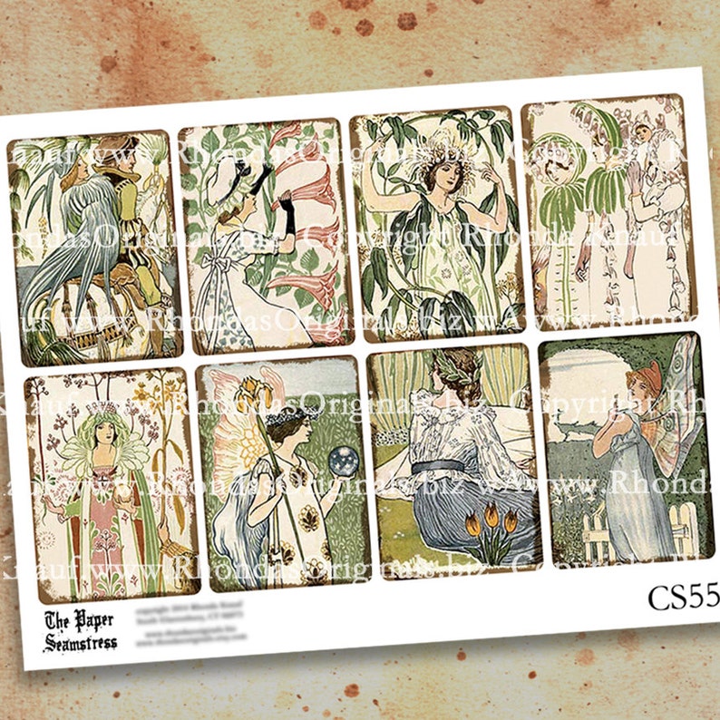 Digital Collage Sheet, ATC Tags Aceo Fantasy Flower Lady Fairy Images INSTANT Download Victorian Art Nouveau Walter Crane CS500C image 1