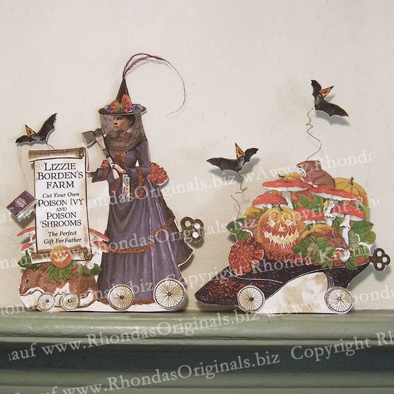 Digital Halloween Decoration Lizzie Borden Paper Doll With Shoe, Bats, Mushrooms - INSTANT Download HP32H
