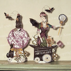 Halloween Decoration Top Hat Astrology Paper Doll - INSTANT DOWLOAD Astrologer&#39;s Wife With Armillary Sphere, Bats, Black Cat HP34DP