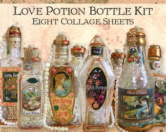 Love Potion Bottle Kit, 8 Digital Collage Sheets -Valentine Wedding Halloween INSTANT Download - Vintage Labels And Embellishments CS64C