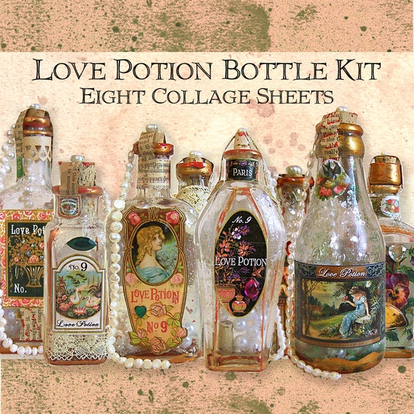 Love Potion Bottle Kit, 8 Digital Collage Sheets -Valentine Wedding Halloween INSTANT Download - Vintage Labels And Embellishments CS64C