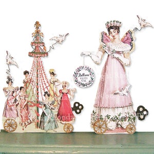 May include: Vintage paper cutouts of women in gowns, with a decorative tower and a woman holding a sign that says "Bellane Festi Val". The cutouts have wheels and wind-up keys, with decorative birds.