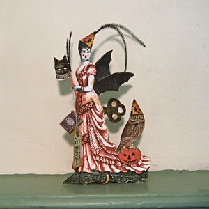 Boneca de papel digital de Halloween, decoração de centro de mesa de Halloween ou cartão comemorativo 3D para download instantâneo - Mulher Morcego e Coruja HP9H