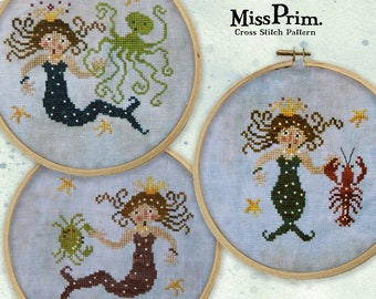 Mermaid Cross Stitch Pattern, Beach Themed Decor, Lobster Cross Stitch Pattern, Funny X-Stitch Cross Stitch For Girl - Miss Prim MP37