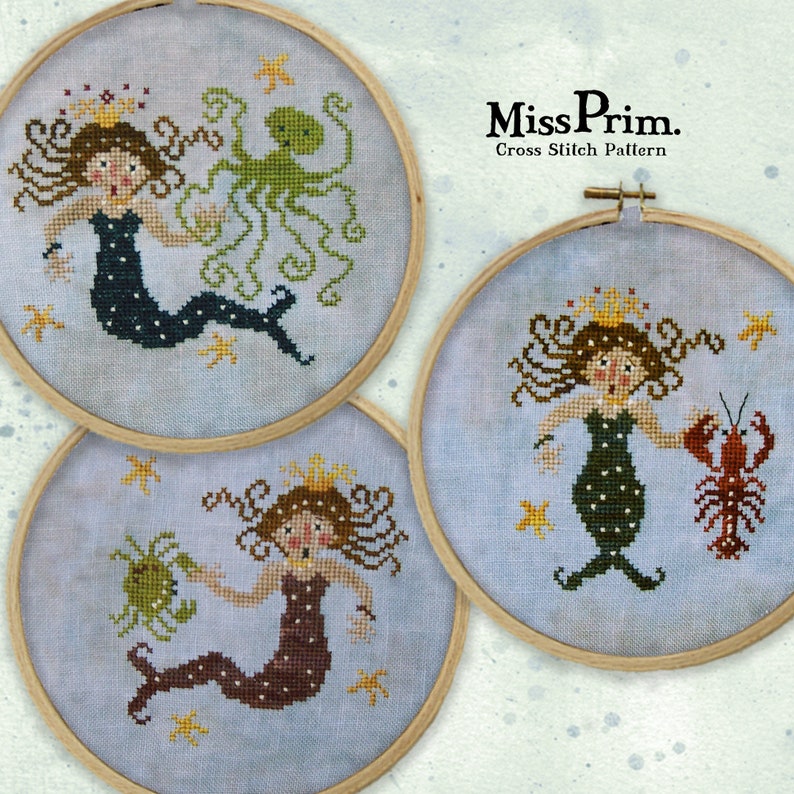 Mermaid Cross Stitch Pattern PDF Set - Funny Sea Creature Needlework ...