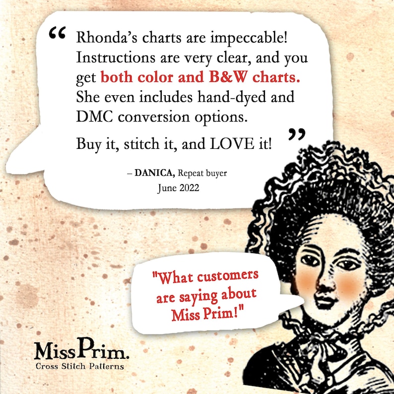 May include: Image features a vintage-style illustration of a woman with text bubbles containing customer testimonials. The text reads, "Rhonda's charts are impeccable!" and "What customers are saying about Miss Prim!" The Miss Prim logo is also visible.