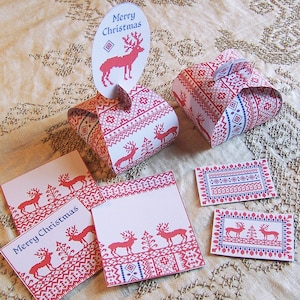 Christmas Favor Boxes - Cross Stitch Reindeer Printable Paper Box - Printable Place Card, Digital Xmas Gift Tags - Digital Candy Box CS42MP