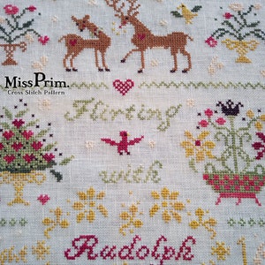 Rudolph Reindeer Christmas Cross Stitch Sampler Pattern - Cross Stitch PDF - Primitive Christmas Farmhouse Decor -  Miss Prim MP46