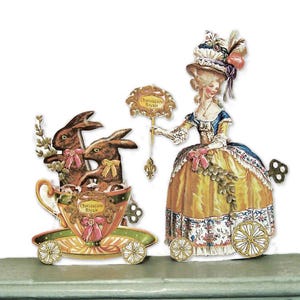 Marie Antoinette Easter PDF Paper Doll Set - Whimsical Chocolatier & Bunnies In Teacup - Coquette Core Spring Teatime Table Decor MA15E image 1