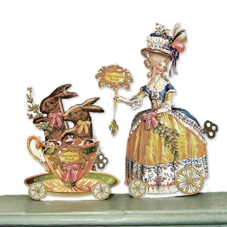 Marie Antoinette Easter PDF Paper Doll Set - Whimsical Chocolatier & Bunnies In Teacup - Coquette Core Spring Teatime Table Decor MA15E image 1