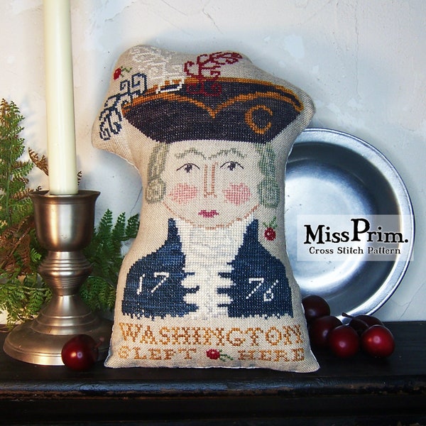 George Washington Doll Cross Stitch Pattern - Printable PDF Pillow Pattern - 4th Of July - Americana - Miss Prim Cross Stitch MP13