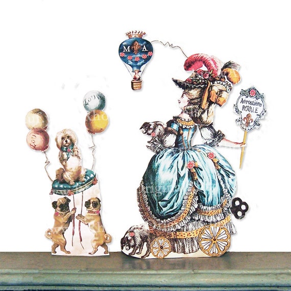Printable Paper Doll Set - 3D Two Sided Stand-Up Greeting Card - Articulated Marie Antoinette Balloonist With Pugs & Poodle - MA10 PD