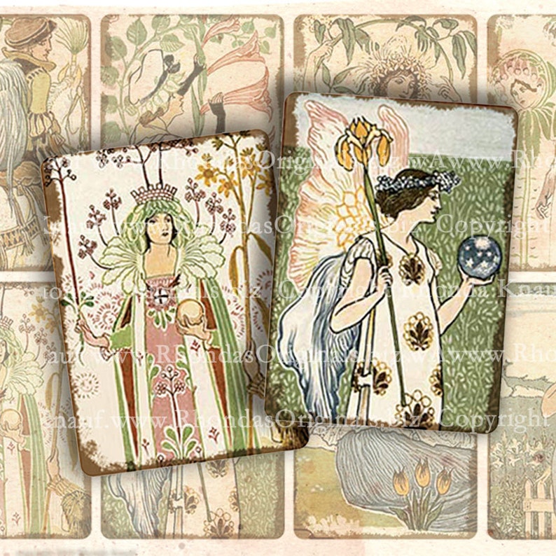 Digital Collage Sheet, ATC Tags Aceo Fantasy Flower Lady Fairy Images INSTANT Download Victorian Art Nouveau Walter Crane CS500C image 4