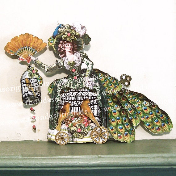 Peacock Clipart, Paper Puppets - Marie Antoinette Altered Doll Art, Junk Journal Paper Dolls Or 3D Greeting Card - Birdcage Clipart MA4M