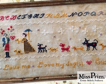 Dog Mom PDF Cross Stitch Pattern – Funny Vintage Style Love Me, Love My Dogs Sampler - Miss Prim MP47