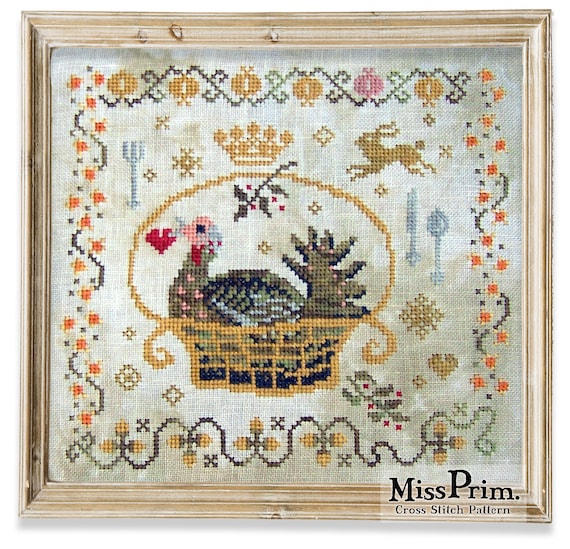 Turkey Cross Stitch Pattern Primitive Thanksgiving Chart Etsy