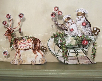 Christmas Paper Doll Party Decoration Or 3D Christmas Card  - Vintage Altered Reindeer And Owl Sleigh For Paper Crafts XP9PD