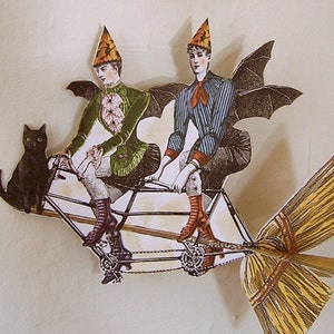 Decoración colgante de muñeca de papel Steampunk de Halloween, diseño de mujer murciélago y luna - Descarga digital instantánea - Gato negro victoriano, araña, escoba y bicicleta HP18H