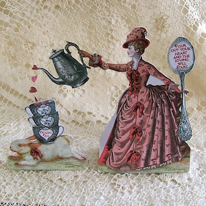 Carte ou décoration de la Saint-Valentin debout - Téléchargement instantané - Poupée de papier Magic Tea Lady 3D avec tasse de thé lapin et théière Art CS16C