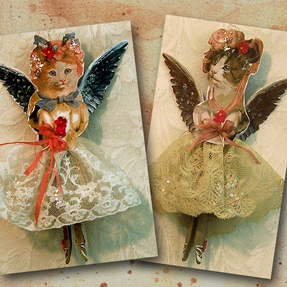 Victorian Cats Clothespin Doll - Mixed Media Dolls - Christmas Angel Cat Paper Dolls - Fairy Paper Doll With Matching Gift Tags CS6DP