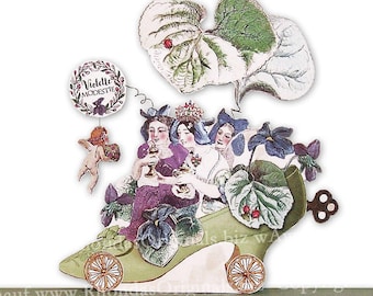 May include: A whimsical green shoe with three women sitting inside, surrounded by purple flowers and leaves. The shoe has wheels and a key. The text "Violette Modesties" is visible on a circular tag.