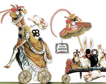 Funny Articulated PDF Marie Antoinette Paper Doll Set - Sexy Sassy French Pet Adoption Lady With Bunnies & Black Cat - Easter Card MA07 E