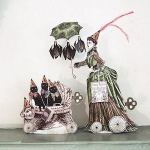 Poupées en papier à imprimer - marionnettes en papier - cadeau de nounou - imprimables d'Halloween victorien - décoration d'Halloween steampunk chat noir HP21 H