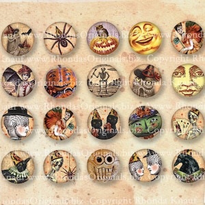 Imágenes de tapa de botella de Halloween, Inchies circulares - Hoja de collage de descarga digital instantánea - Fabricación de joyas y artesanías de papel CS34 J