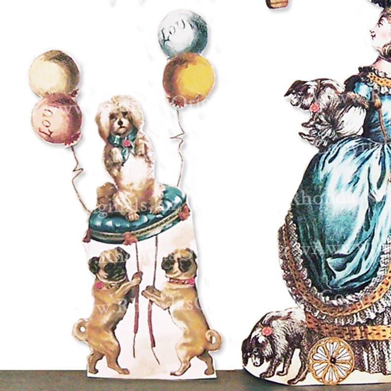 May include: A whimsical illustration featuring a poodle on a cushion with balloons that say "Lou". Two pugs stand below, and a woman in a blue dress with a dog. The artwork has a vintage, storybook aesthetic.