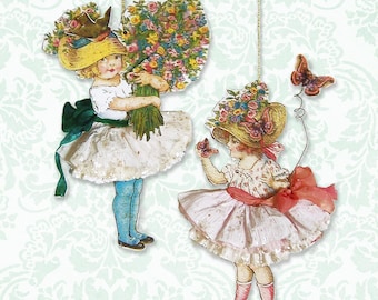 Whimsical Flower Girl Paper Dolls, Printable Retro Gift Tags, 3D Articulated Summer Ornaments, Junk Journal Ephemera, CS01 E