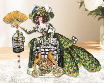 Marie-Antoinette PDF Peacock Lady Paper Doll - Automates artisanaux 3D - Kit de fabrication de cartes de voeux recto-verso Royalcore - MA4M