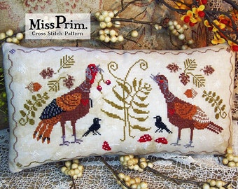 Thanksgiving Cross Stitch Pattern, Turkey Pillow Pattern, Fall Cross Stitch Patterns, "Flirting Turkeys" by Miss Prim MP44