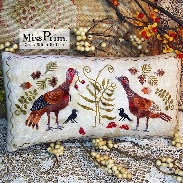 Thanksgiving Cross Stitch Pattern, Turkey Pillow Pattern, Fall Cross Stitch Patterns, "Flirting Turkeys" by Miss Prim MP44