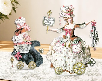 Ensemble de poupées en papier imprimable chef pâtissier français - Marie-Antoinette debout recto-verso et cupcakes - automates rococo - carte de voeux 3D - MA2 PD