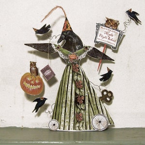Victorian Steampunk Halloween Crow Articulated Paper Doll, Halloween Centerpiece, Paper Puppets, 3D Greeting Card, Halloween Ephemera HP27H